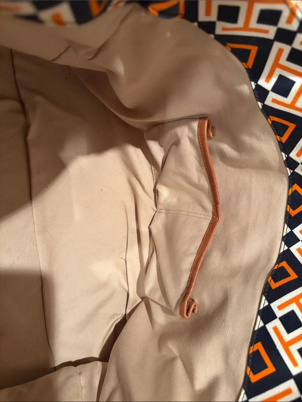 Tory Burch Navy, Orange & White Geometric Canvas Tote with Brown Trim